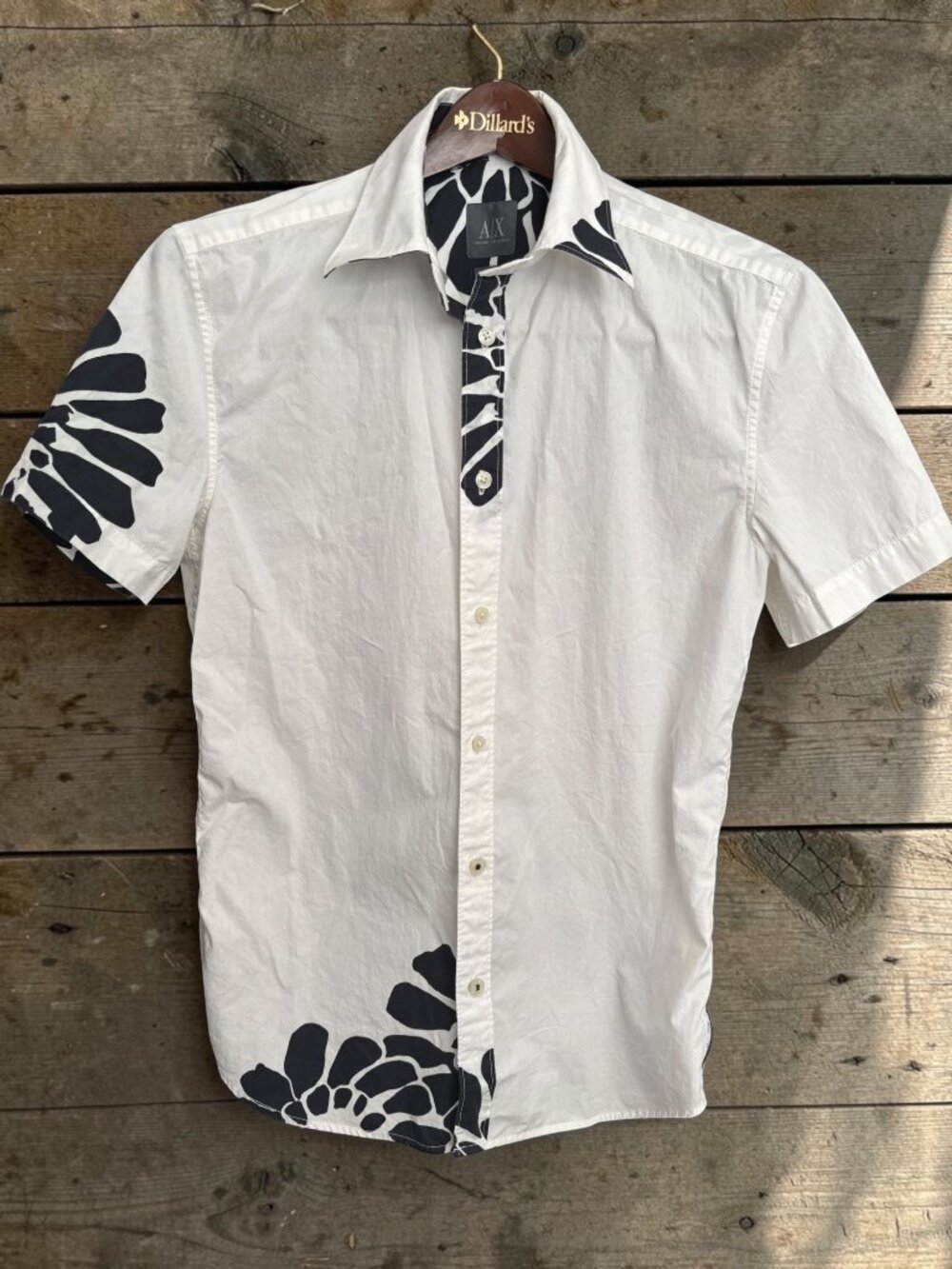 Vintage Armani Exchange Mens White & Black Floral Button-Up Short-Sleeve Shirt S